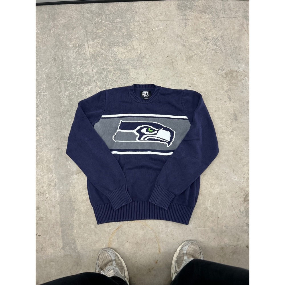 OTS NFL Seattle Seahawks Mens Medium Navy Blue Cotton Knit Crewneck Sweater